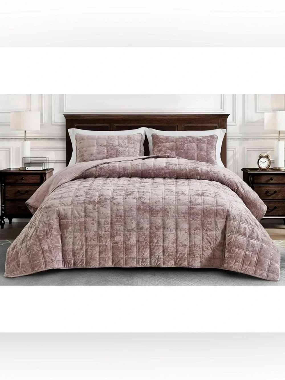 Plush Velvet king 3 piece Quilted Quilt Set - Dusty Rose